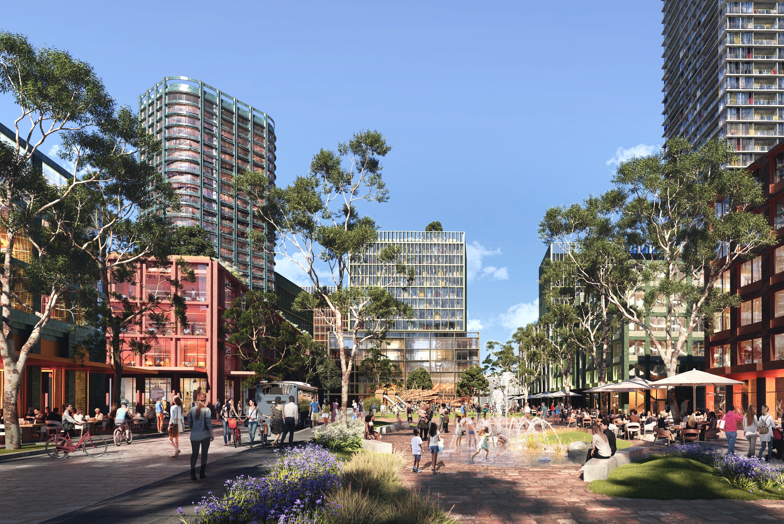 Artistic impression of a park and buildings within the urban centre of Sydney Olympic Park 2050.