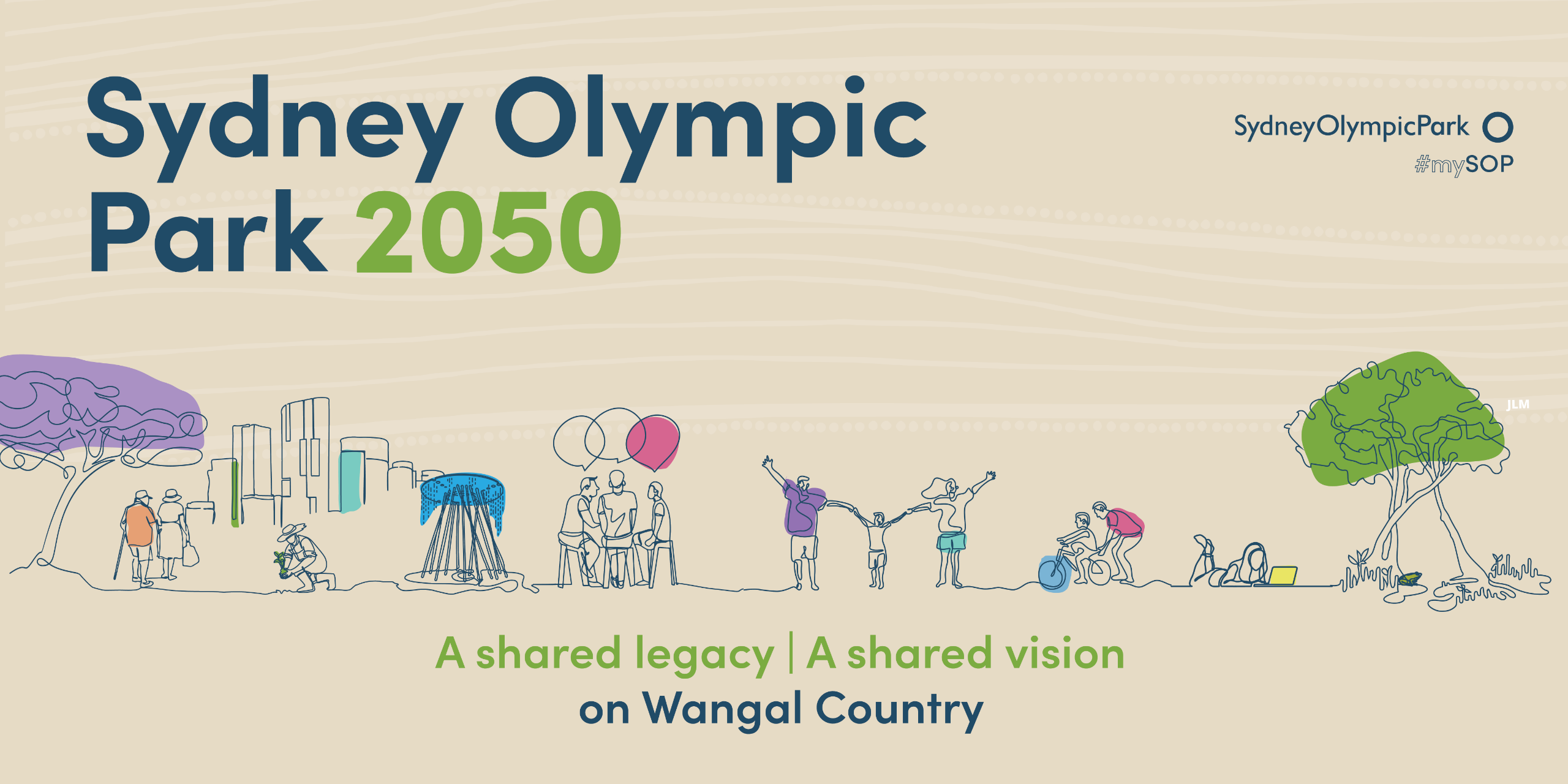 A hand drawn line drawing of members of the community enjoying Sydney Olympic Park, with parts of the image coloured in bright colours. There are faint lines of aboriginal styling appearing to float through the air above. It is titled Sydney Olympic Park 2050, a shared legacy & a shared vision on Wangal Country.  