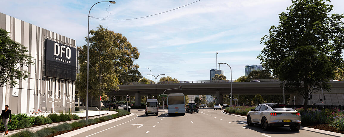 Image of DFO outlet with cars driving on new intersection