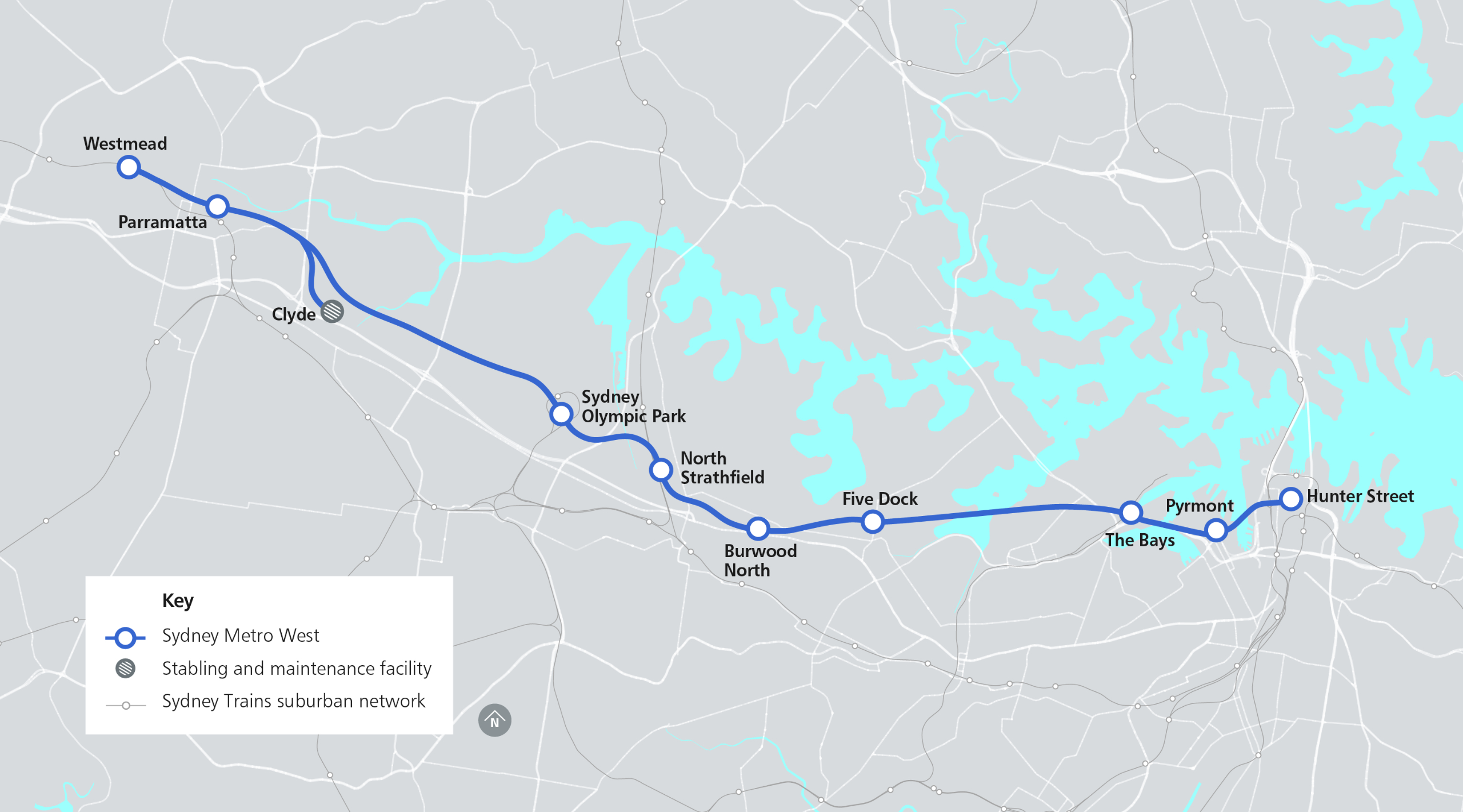 Sydney Metro West Map from Westmead to Hunter Street in the CBD. This map goes via Parramatta, Sydney Olympic Park, North Strathfield, Burwood North, Five Dock, They Bays and Pyrmont.