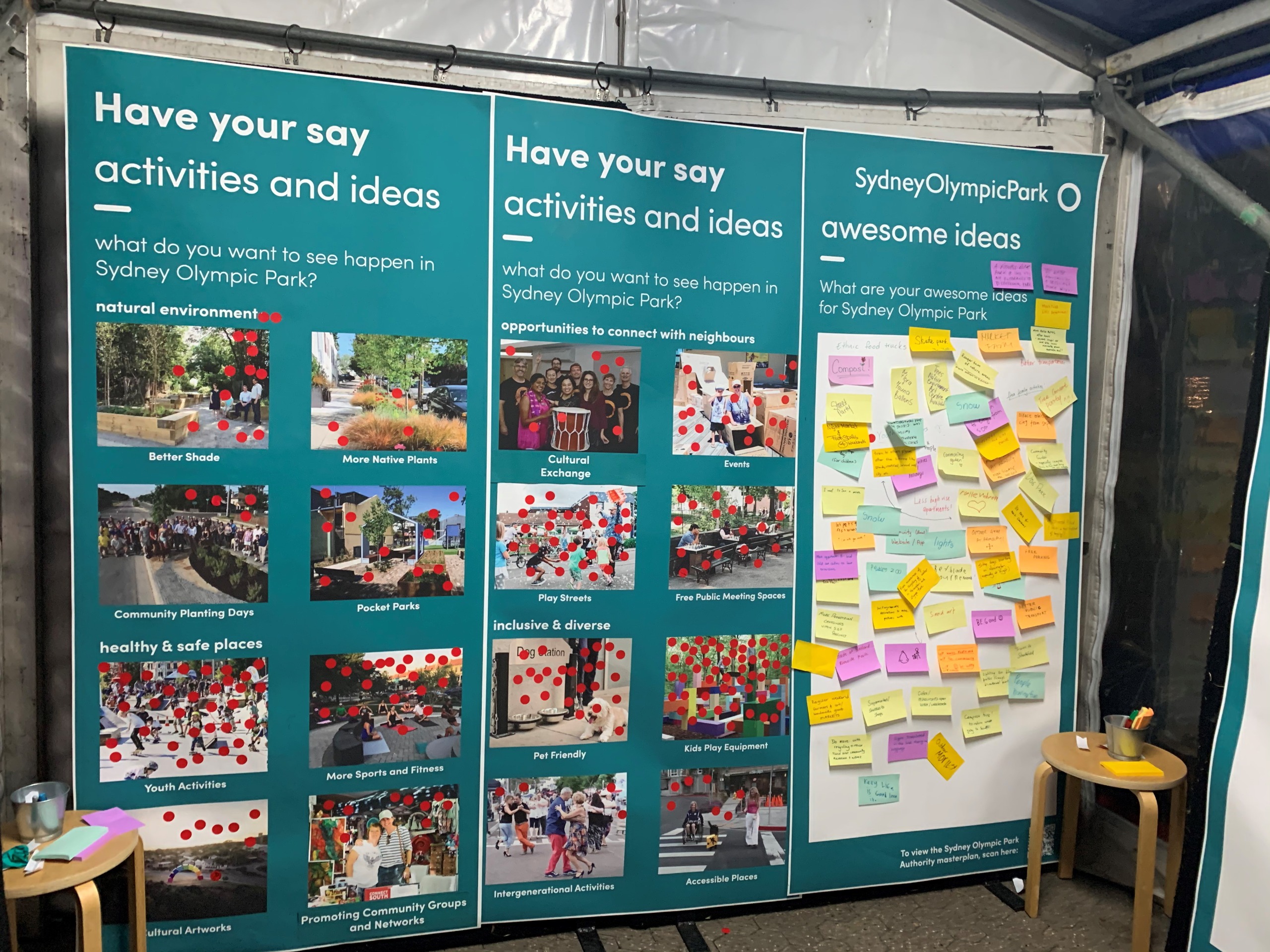 Three large ideas board in a pop-up tent. Two boards have 8 photos on each, and numerous red dots which people have added to express their interest in each topic. The third board has a large blank area that people have added numerous post-it notes with ideas on them.