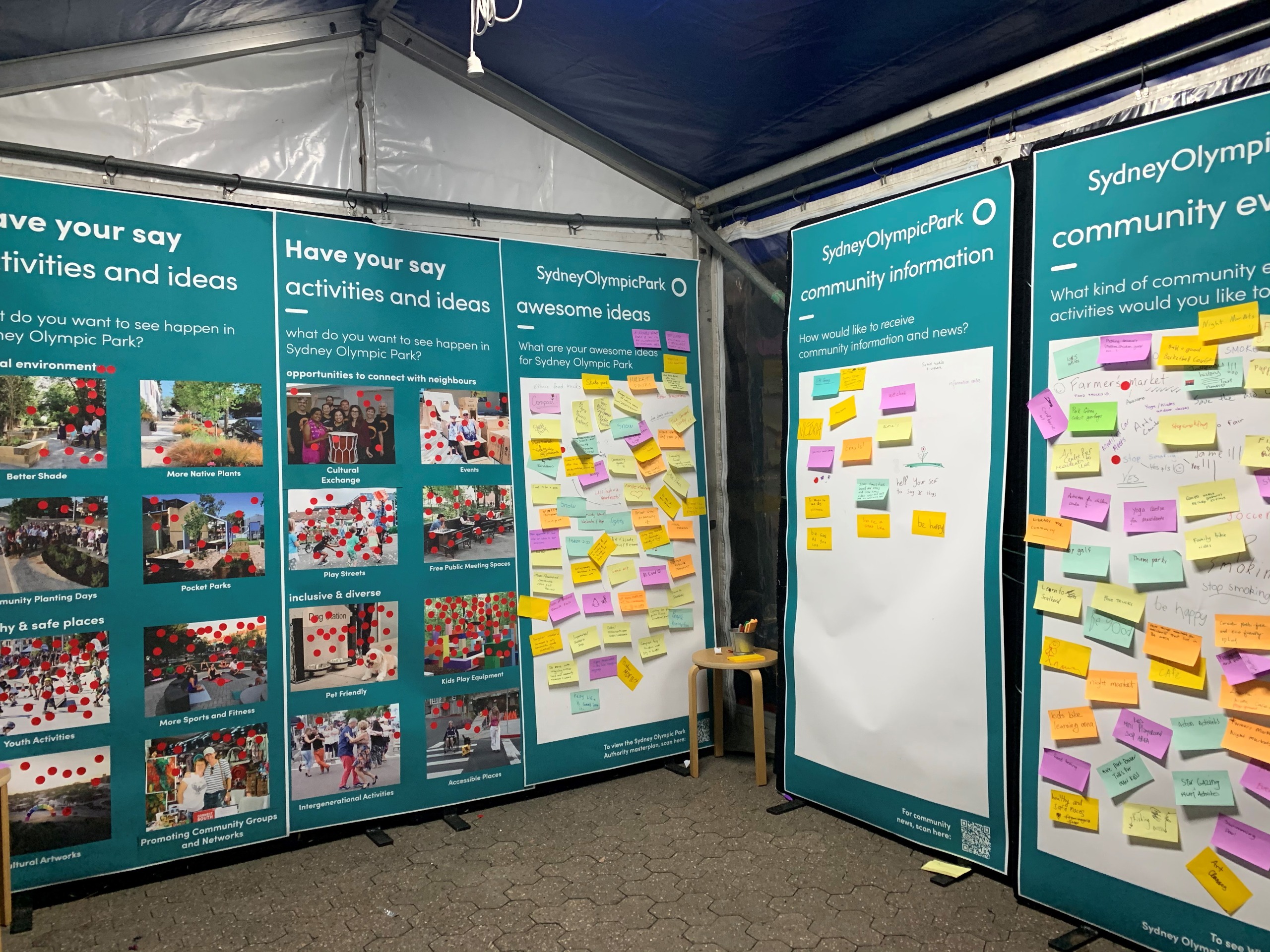 Five large ideas board in a pop-up tent. Two boards have 8 photos on each, and numerous red dots which people have added to express their interest in each topic. The other three boards have a large blank area that people have written on and added numerous post-it notes with ideas on them.